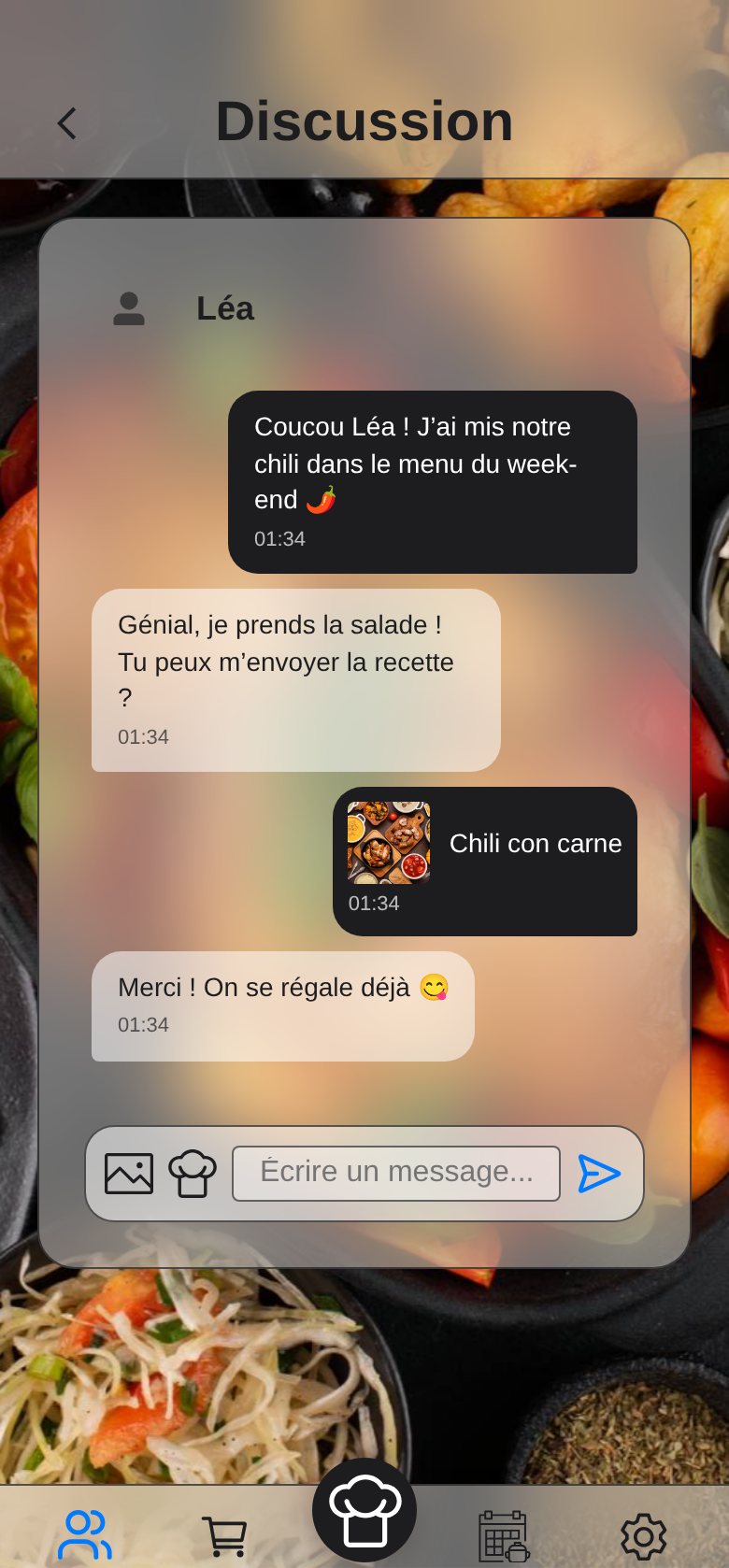 Capture d’écran : une discussion avec une recette partagée