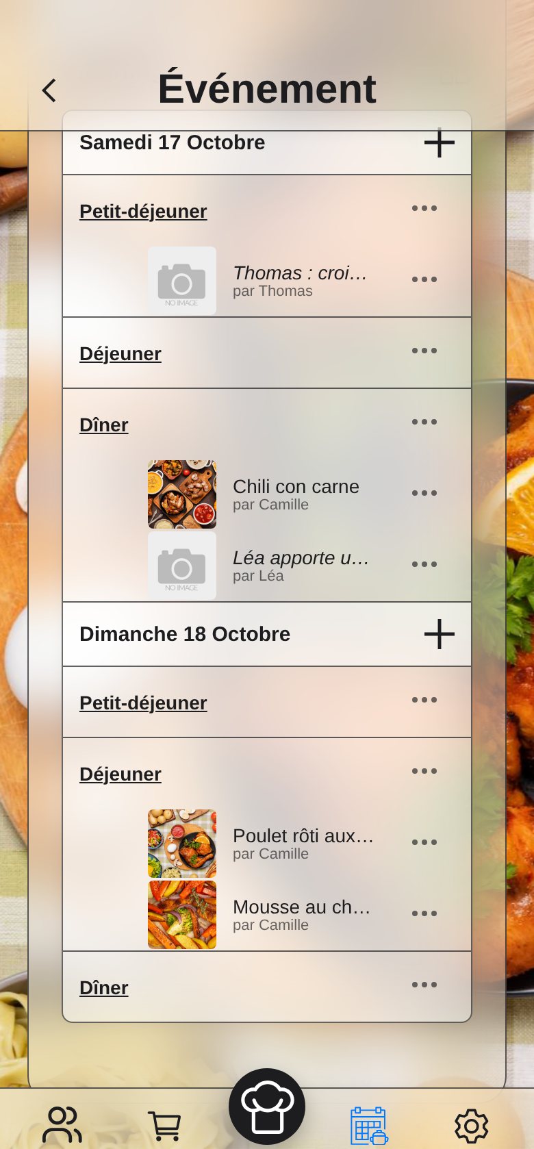 Capture d’écran : le planning d’un week-end avec les plats de chacun