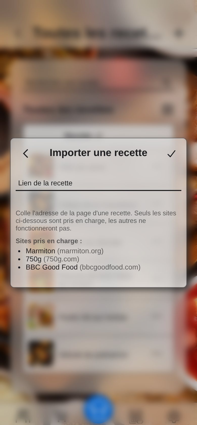Capture d’écran : l’import d’une recette depuis un lien