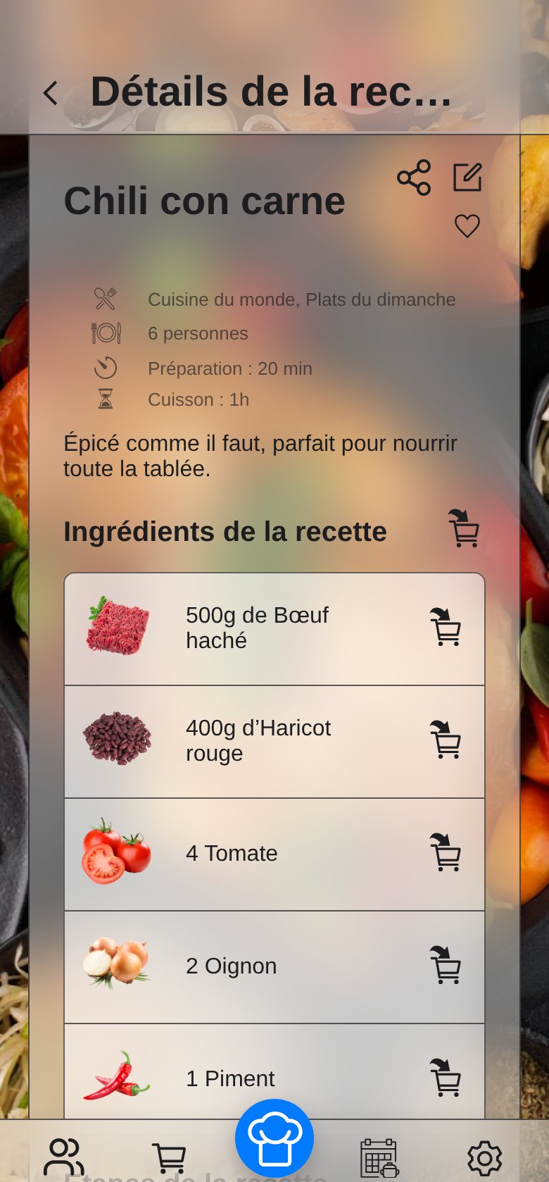 Capture d’écran : la fiche d’une recette avec ses ingrédients