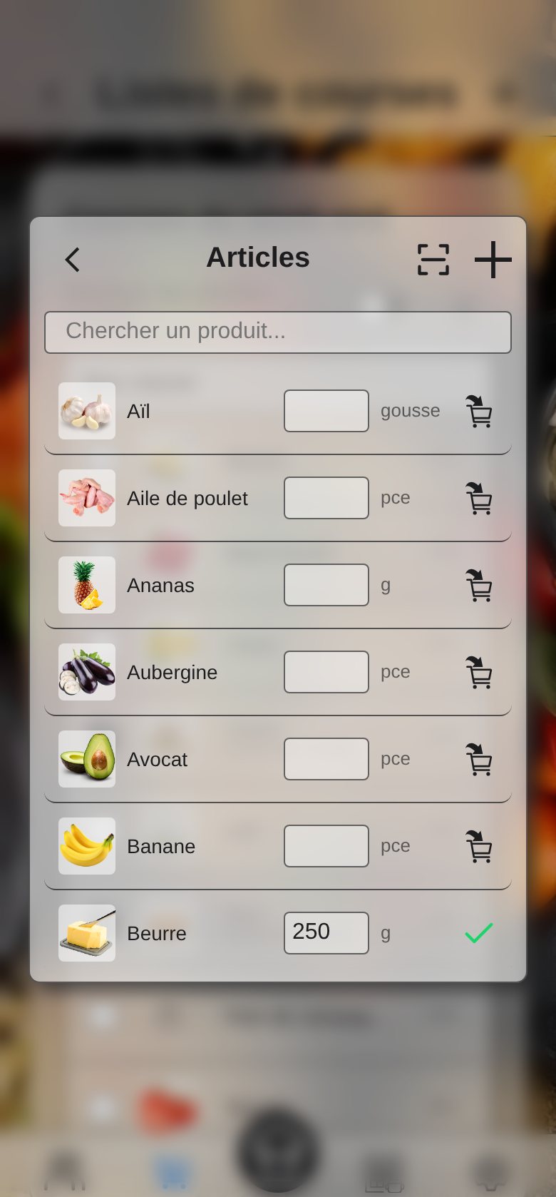 Capture d’écran : l’ajout d’articles avec le bouton de scan